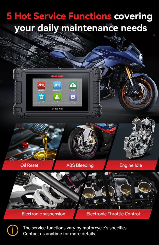 iCarsoft MT PRO Mini OBD2 UNIVERSAL Diagnosegerät kompatibel mit 20+ Motorrad Motor Roller ATV Marken inkl. aller Adapter & kostenlose Updates