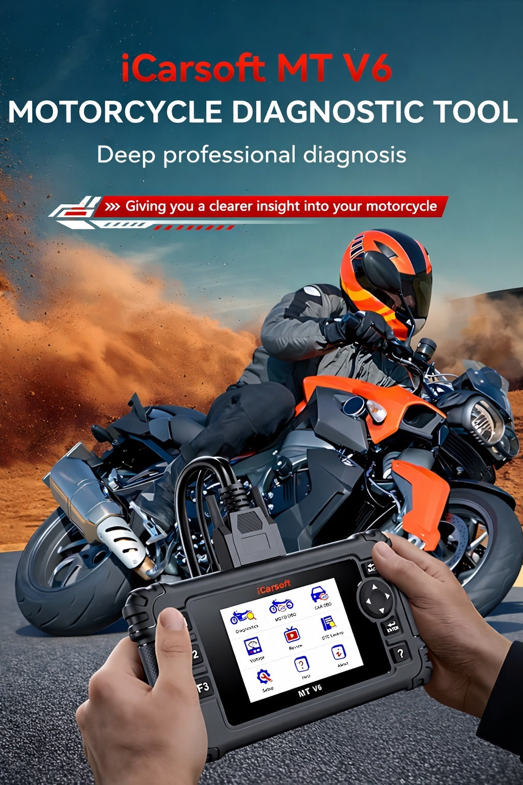 OBD2 Diagnosegerät Scanner iCarsoft MT V6 kompatibel mit Harley Motorräder inkl. Adapter & kostenlose Updates