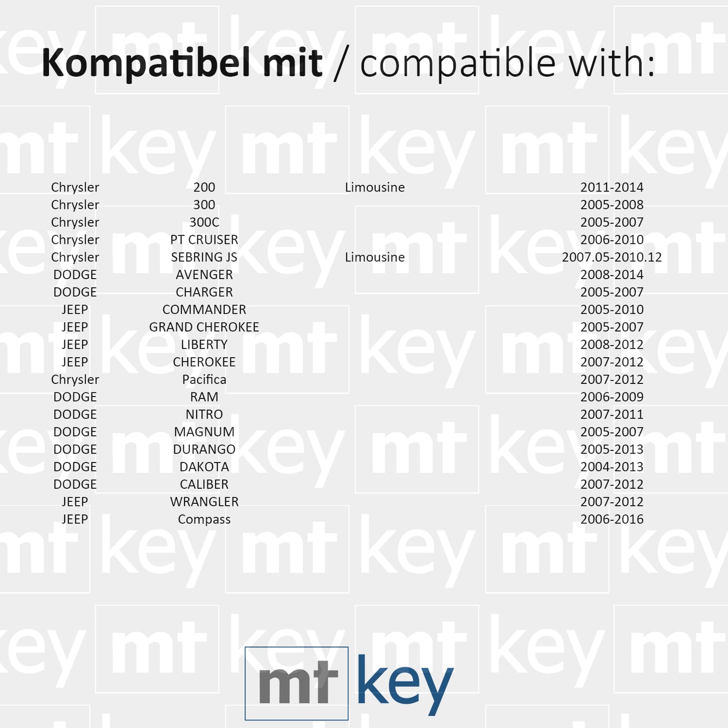 MT-KEY 3 Tasten Funk Schlüssel 434MHZ kompatibel mit Chrysler 200 300C PT Cruiser Sebring Jeep Commander Grand Cherokee Liberty Wrangler Compass OHT