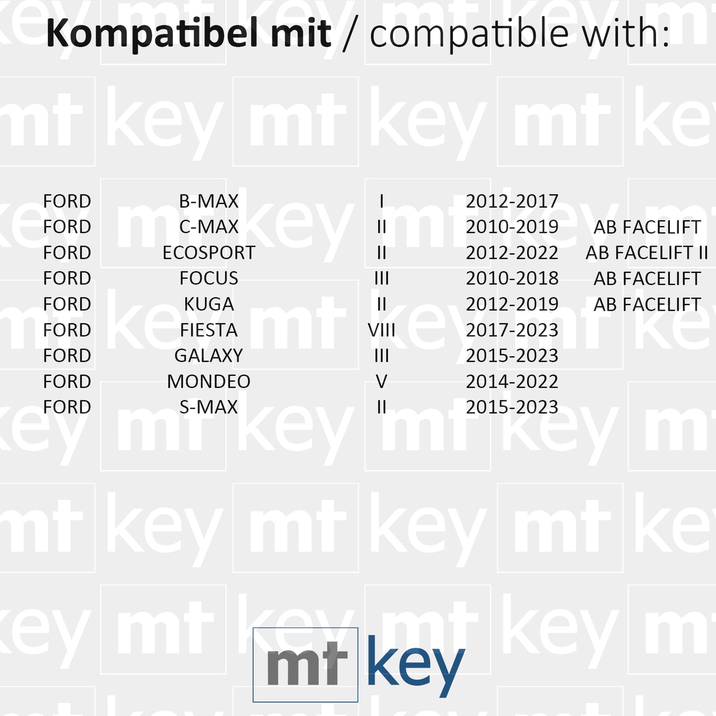 MT-KEY Funk Schlüssel 434MHZ kompatibel mit Ford B-MAX I C-MAX II EcoSport II Focus III Kuga II Fiesta 8 Galaxy III Mondeo V S-MAX II Fernbedienung