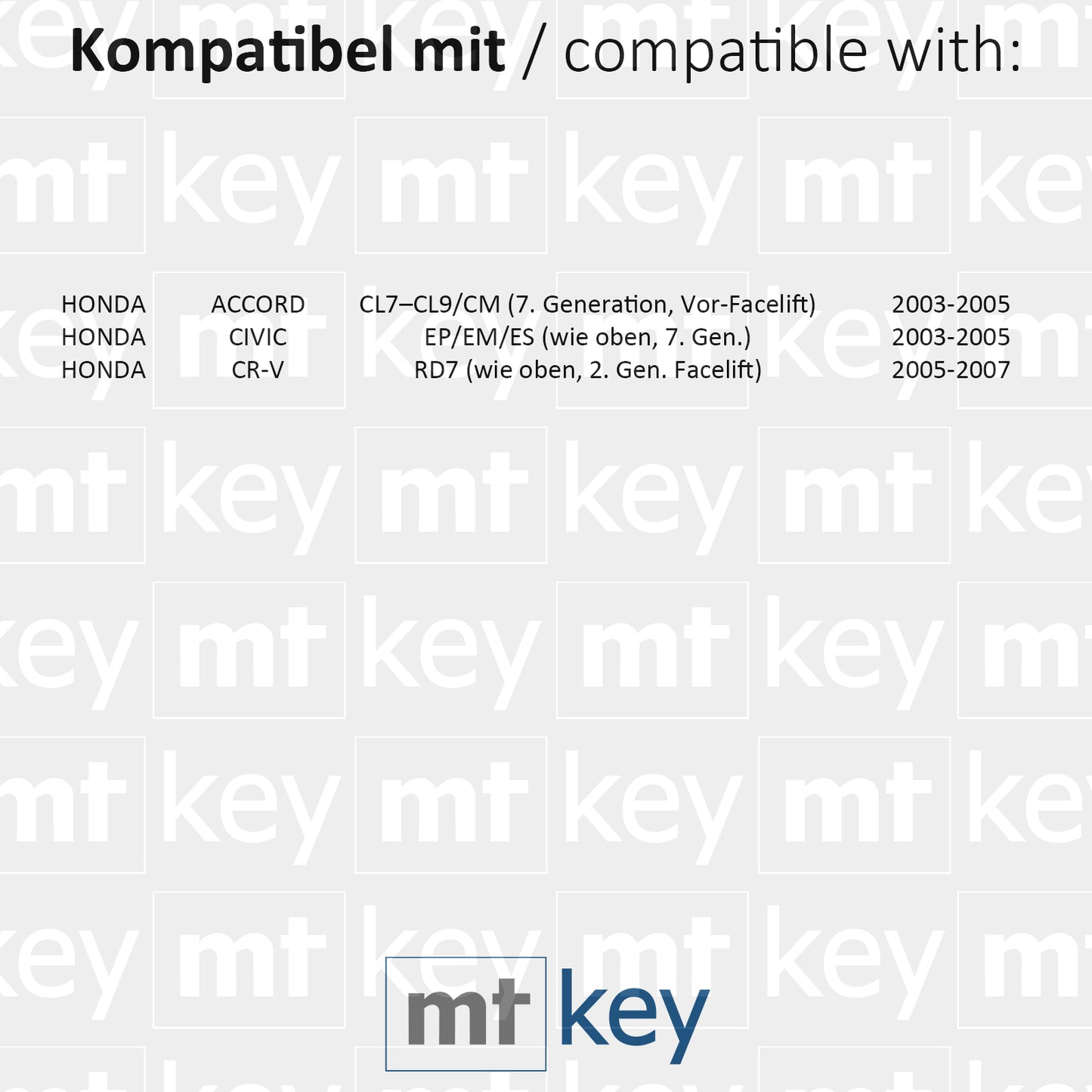 MT-KEY Funk Schlüssel ID48 HON66 kompatibel mit Honda Accord VII CL7 CL8 CL9 Civic VII 03-05 7. Generation CRV RD7 05-07 433MHZ Autoschlüssel