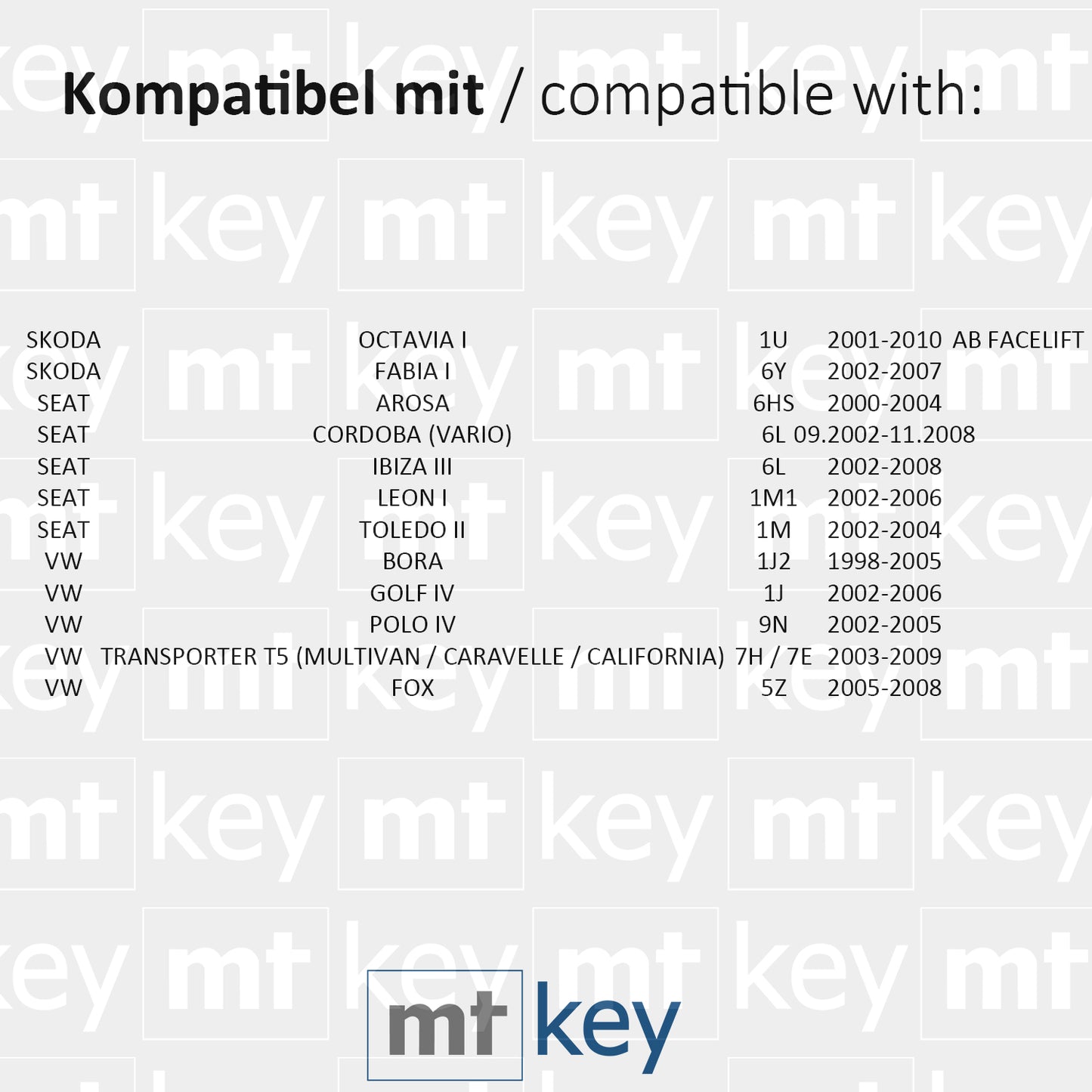 MT-KEY Funk Schlüssel Sender 434MHZ kompatibel mit Skoda Octavia 1U Fabia 6Y VW Bora 1J Golf 4 Polo 9N T5 Multivan Fox Seat Ibiza 3 Leon I 1J0959753CT