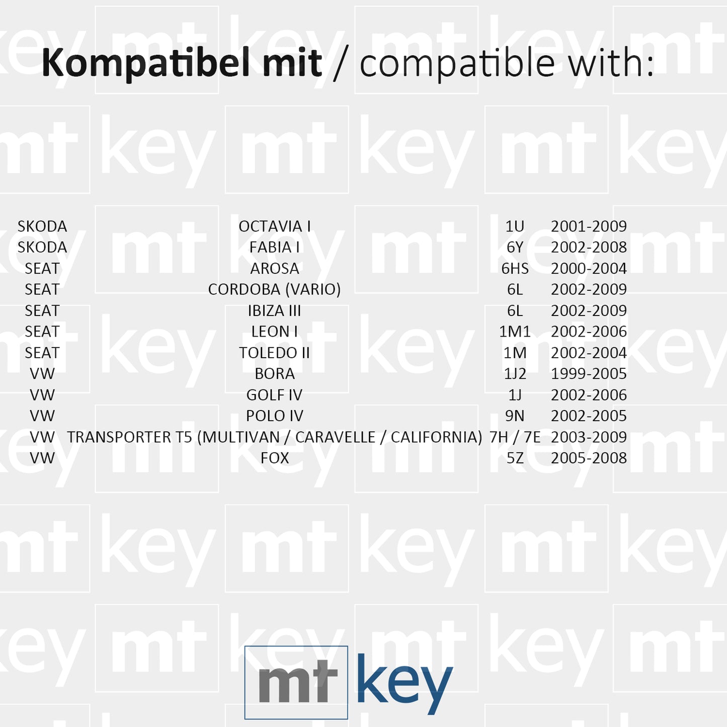 MT-KEY Funk Schlüssel Sender 434MHZ kompatibel mit Skoda Octavia 1U Fabia 6Y VW Bora 1J Golf 4 Polo 9N T5 Multivan Fox Seat Ibiza 3 Leon I 1J0959753AG