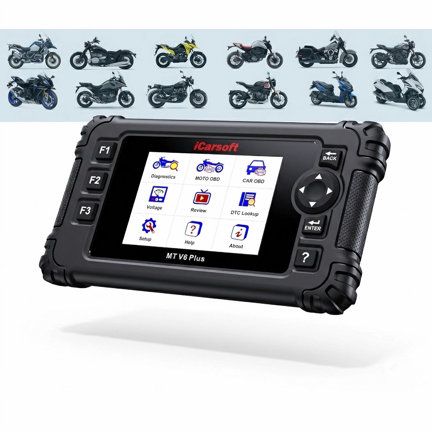 iCarsoft MT PRO Mini OBD2 UNIVERSAL Diagnosegerät kompatibel mit 20+ Motorrad Motor Roller ATV Marken inkl. aller Adapter & kostenlose Updates