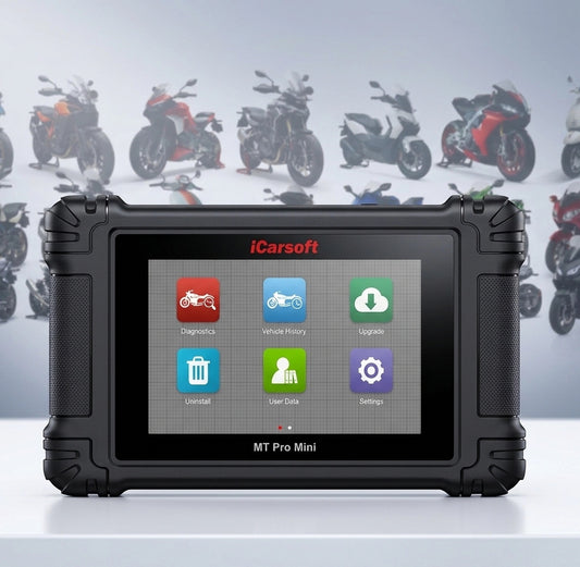 iCarsoft MT PRO Mini OBD2 UNIVERSAL Diagnosegerät kompatibel mit 20+ Motorrad Motor Roller ATV Marken inkl. aller Adapter & kostenlose Updates