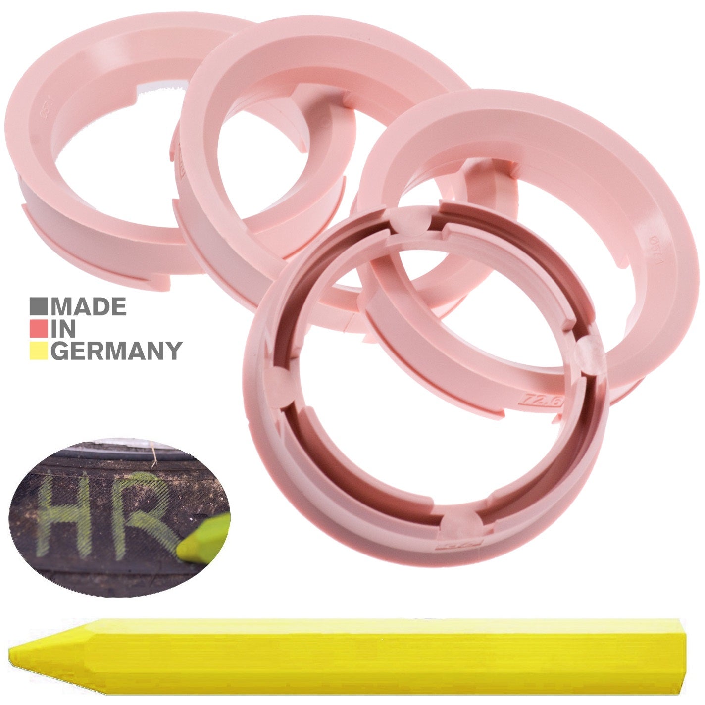 4X Zentrierringe 72,6 x 57,1 mm Rosa Felgen Ringe + 1x Reifen Kreide Fett Stift