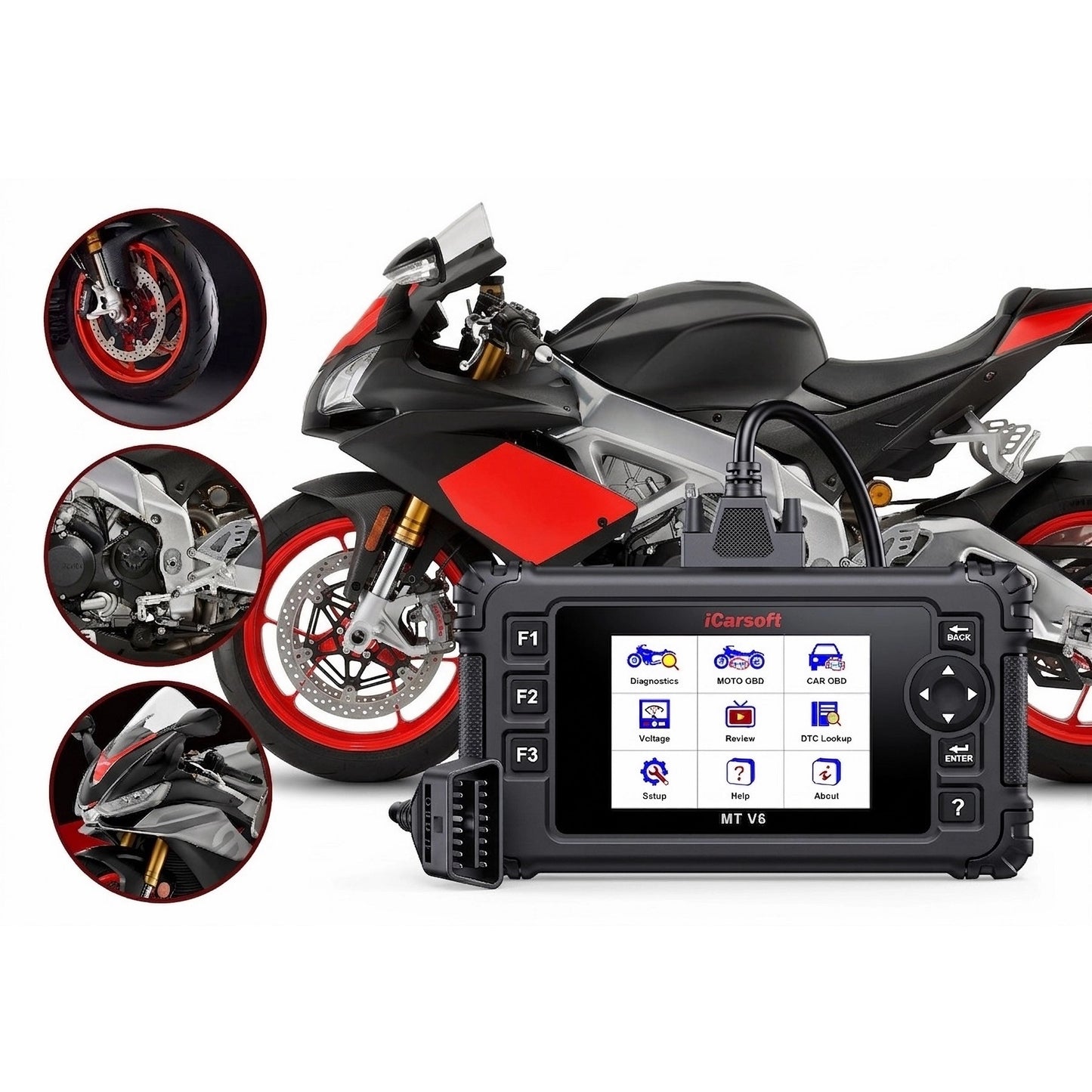 iCarsoft OBD2 Diagnosegerät Scanner MT V6 kompatibel mit APRILIA Motorräder inkl. Adapter & kostenlose Updates