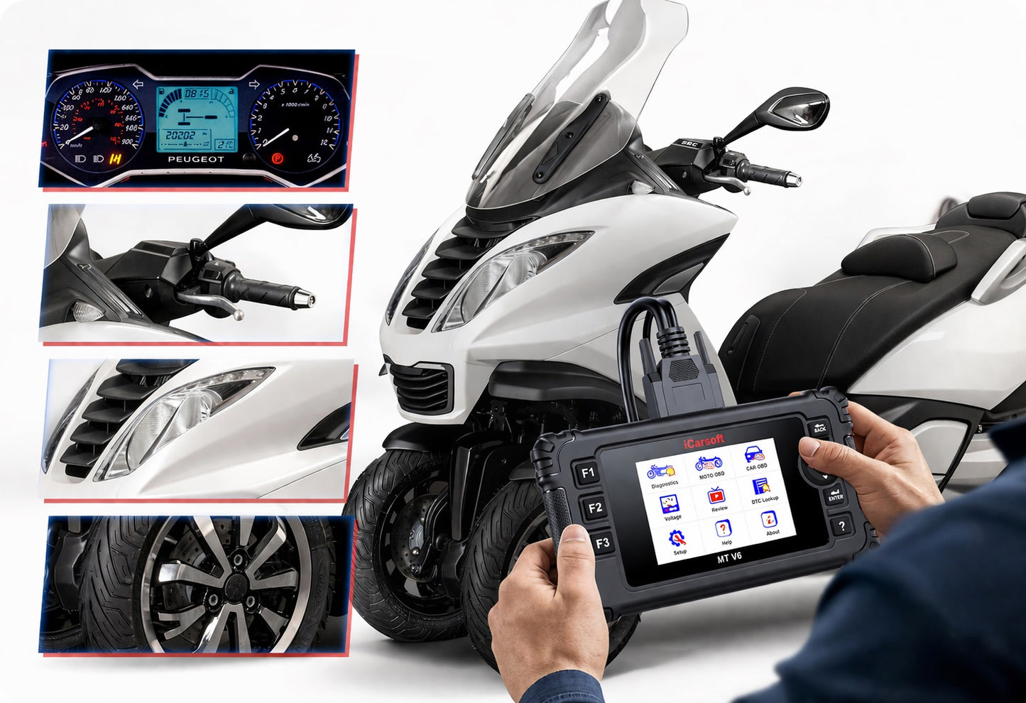 iCarsoft OBD2 Diagnosegerät Scanner MT V6 kompatibel mit PEUGEOT Motor Roller inkl. Adapter & kostenlose Updates