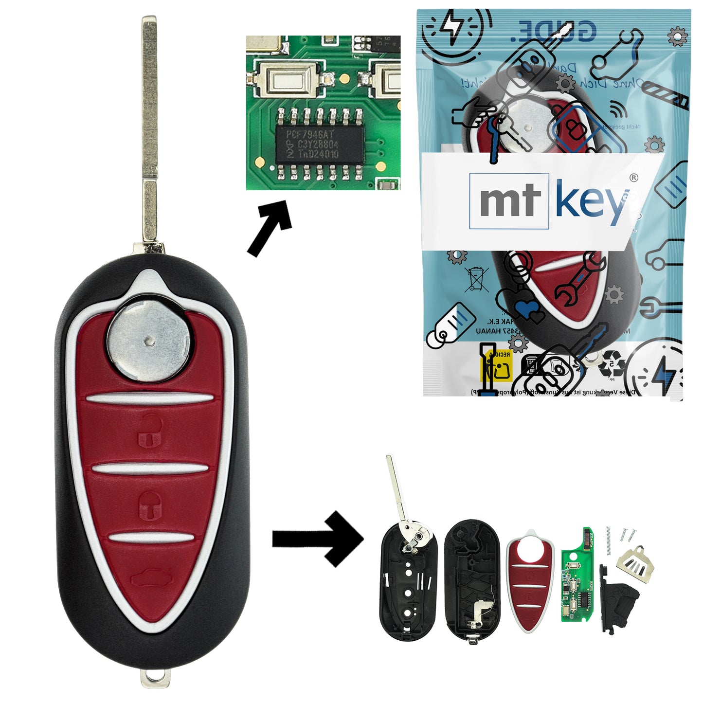 Funk Schlüssel Klappschlüssel 434MHZ ASK +Transponder ID46 PCF7946 PCF7926 +Rohling SIP22 3 Tasten kompatibel mit Alfa Romeo Giulietta 940 10-21 Autoschlüssel