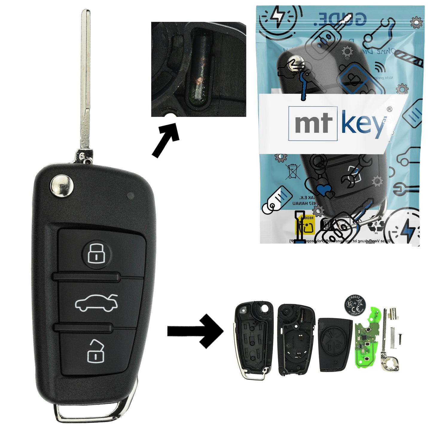 Funk Schlüssel Klappschlüssel 434MHZ ASK +Transponder ID48 +Rohling HU66 3 Tasten kompatibel mit Seat Exeo Audi A4 S4 RS4 B7 8E 04-09 Autoschlüssel
