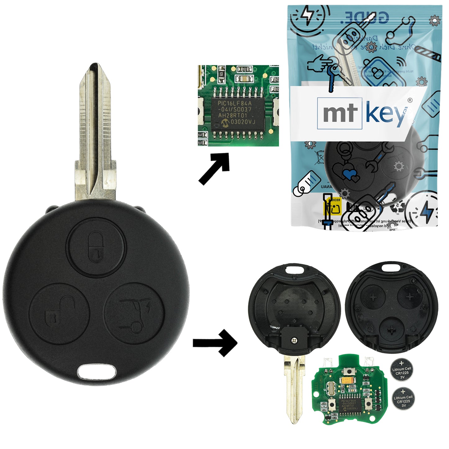 Funk Schlüssel IR Transmitter Sender Infrarot Fernbedienung 434MHZ ASK +Transponder +Rohling YM23 3 Tasten kompatibel mit Smart 450 ForTwo 98-04 IR Infrarot Autoschlüssel