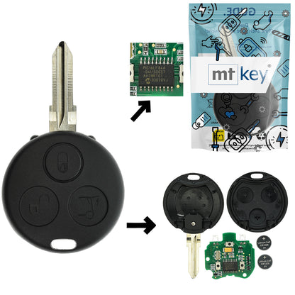 Funk Schlüssel IR Transmitter Sender Infrarot Fernbedienung 434MHZ ASK +Transponder +Rohling YM23 3 Tasten kompatibel mit Smart 450 ForTwo 98-04 IR Infrarot Autoschlüssel