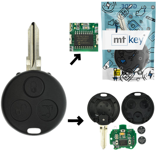 Funk Schlüssel IR Transmitter Sender Infrarot Fernbedienung 434MHZ ASK +Transponder +Rohling YM23 3 Tasten kompatibel mit Smart 450 ForTwo 98-04 IR Infrarot Autoschlüssel