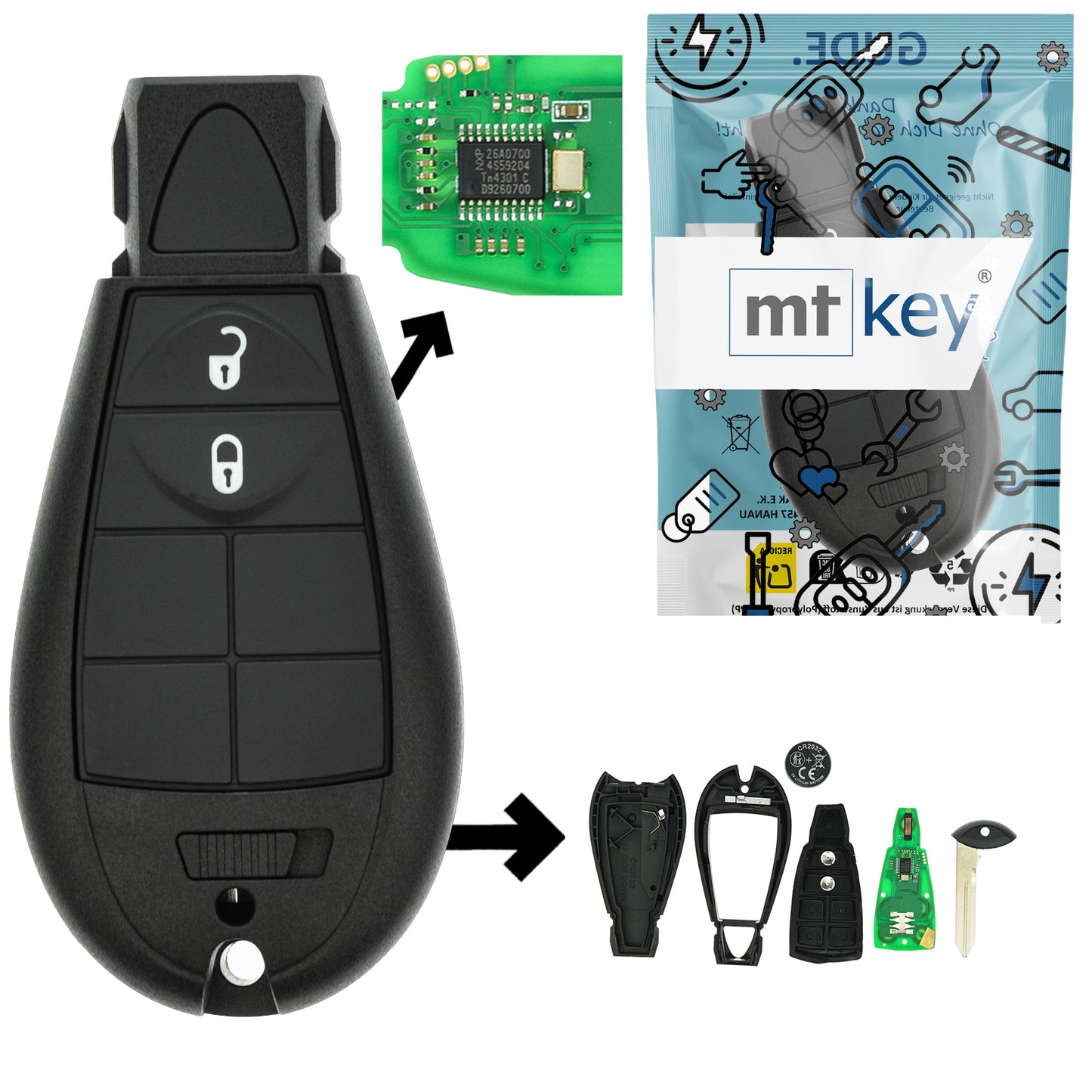 Funk Schlüssel Smartkey 434MHZ ASK +Transponder ID46 PCF7941 +Rohling CY24 2 Tasten kompatibel mit Chrysler 300C 08-10 Voyager RT 08-11 Dodge Journey I RAM IV 09-10 Autoschlüssel