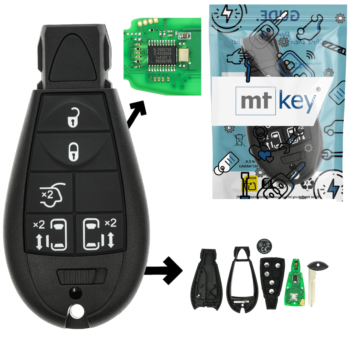 Funk Schlüssel Smartkey 434MHZ ASK +Transponder ID46 PCF7941 +Rohling CY24 5 Tasten kompatibel mit Chrysler Grand Voyager Dodge Grand Caravan Autoschlüssel elektrische Schiebetüren