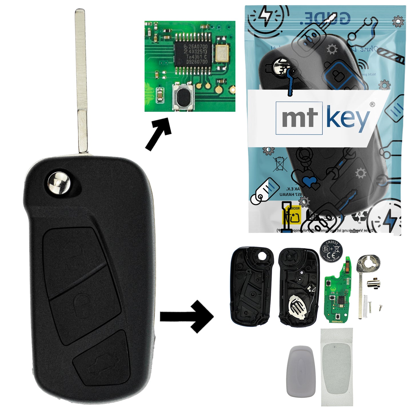 Funk Schlüssel Klappschlüssel 434MHZ +Transponder ID46 PCF7941 +Rohling SIP22 3 Tasten kompatibel mit Ford Ka RU8 08-16 Autoschlüssel