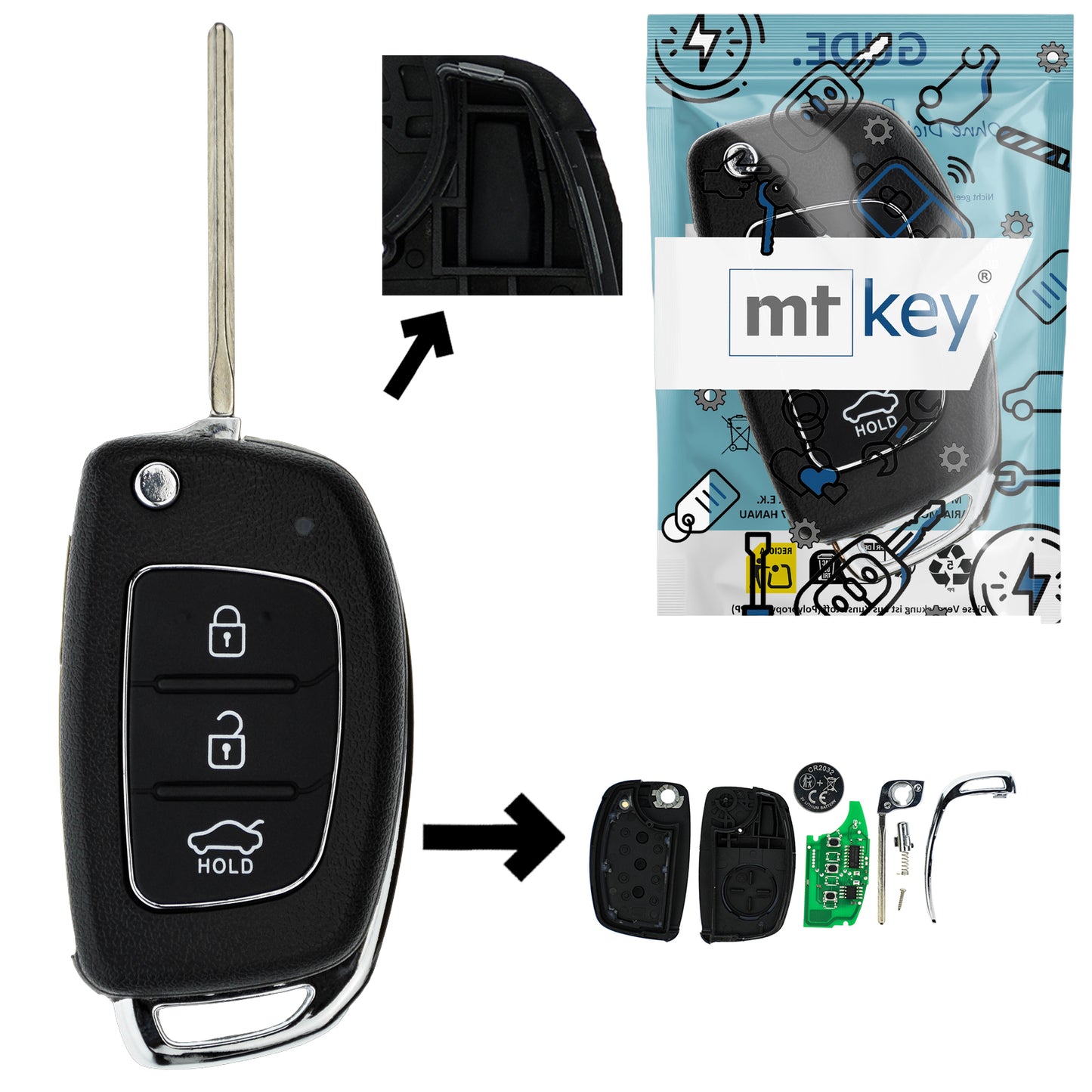 Funk Schlüssel Klappschlüssel 434MHZ +Transponder +Rohling KIA7 HY19 HYN14 3 Tasten kompatibel mit Hyundai iLoad i800 H-1 AB 2018 Autoschlüssel