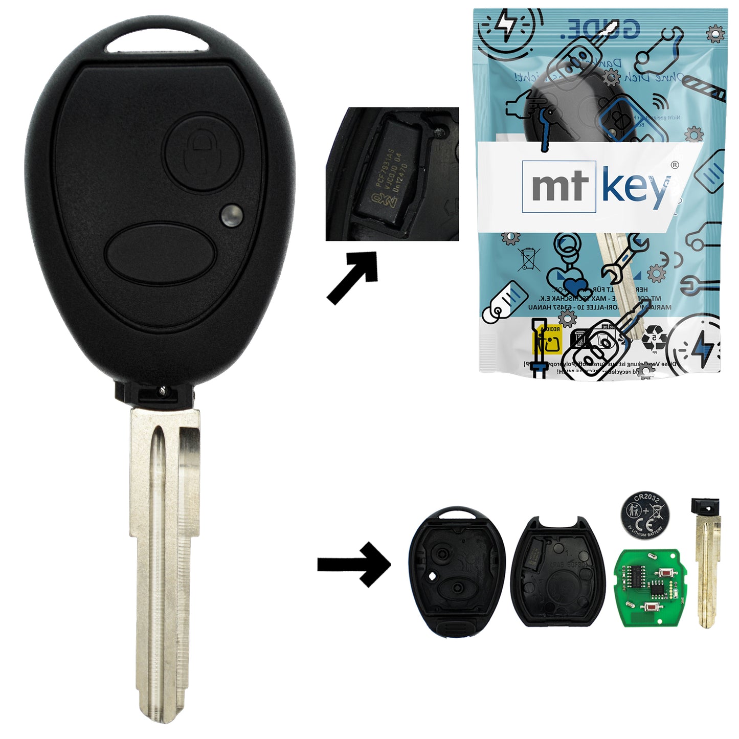 Funk Schlüssel Zündschlüssel 434MHZ +Transponder PCF7930 PCF7931 +Rohling NE38 NE75 2 Tasten kompatibel mit Land Rover Discovery II Freelander I Defender 90 MG ZT ZT-T Rover 75 Autoschlüssel