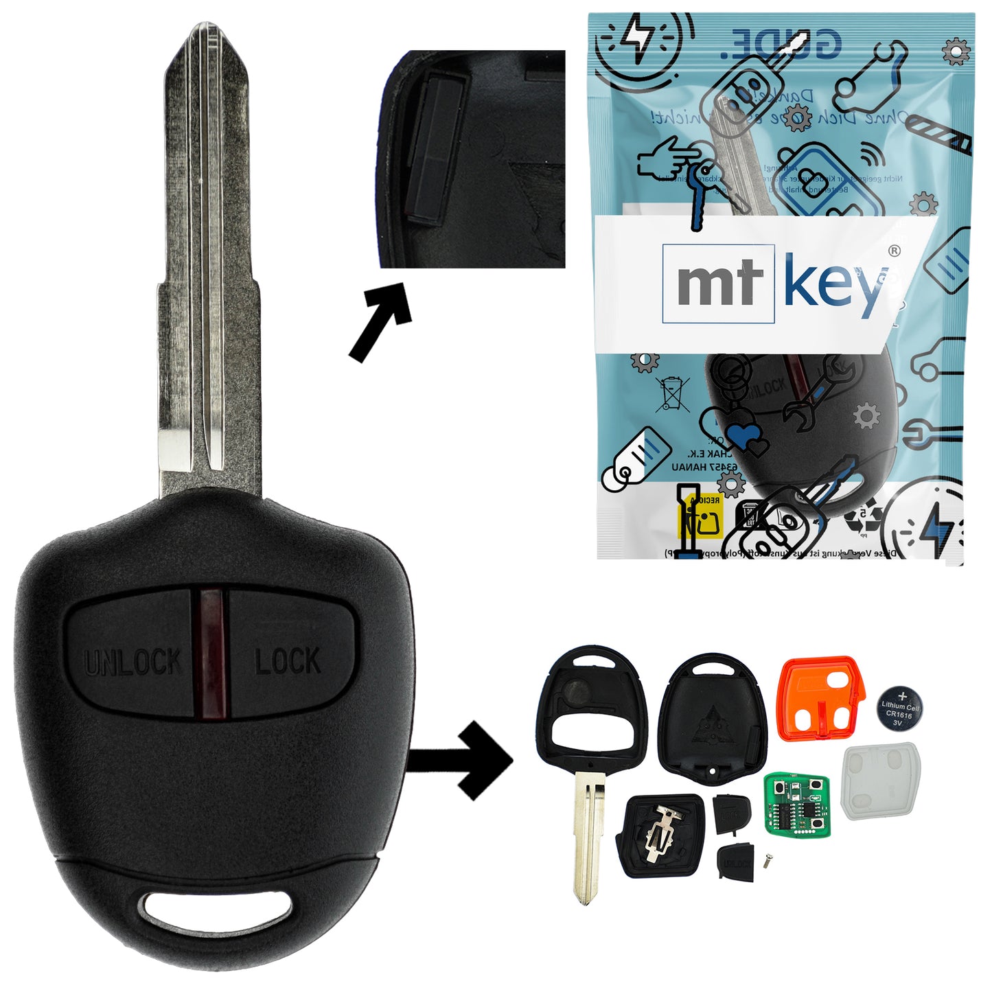 Funk Schlüssel Zündschlüssel 434MHZ ID46 PCF7936 MIT11R 2 Tasten kompatibel mit Mitsubishi L200 IV ASX i-MiEV Grandis Space Star Outlander II Challenger PB Lancer VIII CY Pajero IV Autoschlüssel