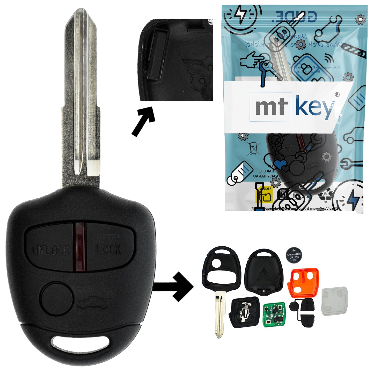Funk Schlüssel Zündschlüssel 434MHZ +Transponder ID 46 PCF7936 +Rohling MIT11R 3 Tasten kompatibel mit Mitsubishi Space Star Ab 2012 Lancer VIII CY 07-17 Pajero IV V80 V90 Outlander II Grandis Autoschlüssel