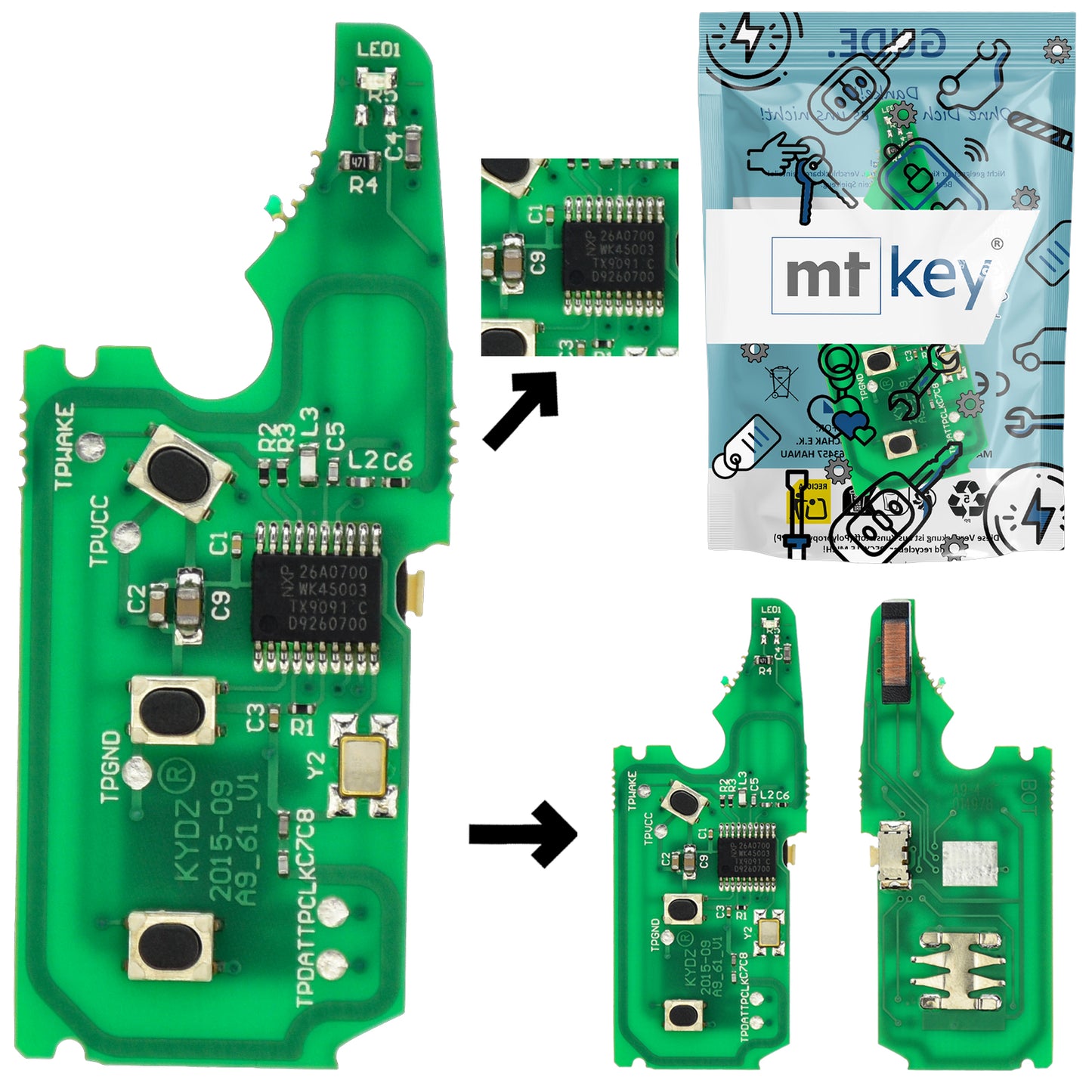 Funk Schlüssel Fernbedienung Sender Platine 434MHZ ASK +Transponder ID46 PCF7947 +Rohling 3 Tasten kompatibel mit Porsche Cayenne 9PA 02-10 Autoschlüssel