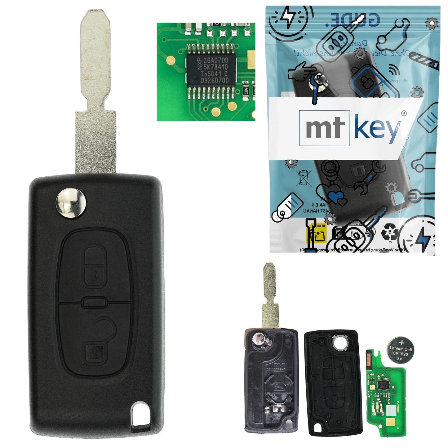 Funk Schlüssel Klappschlüssel 434MHZ ASK +Transponder ID46 PCF7941 +Rohling NE78 2 Tasten kompatibel mit Peugeot 207 06-09307 SW 05-09 Autoschlüssel