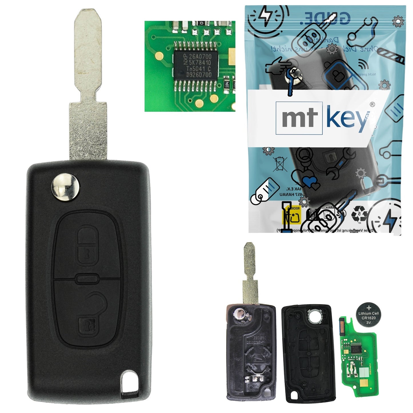 Funk Schlüssel Klappschlüssel 434MHZ FSK +Transponder ID46 PCF7941 +Rohling NE78 2 Tasten kompatibel mit Peugeot 5008 2009-2017 Autoschlüssel