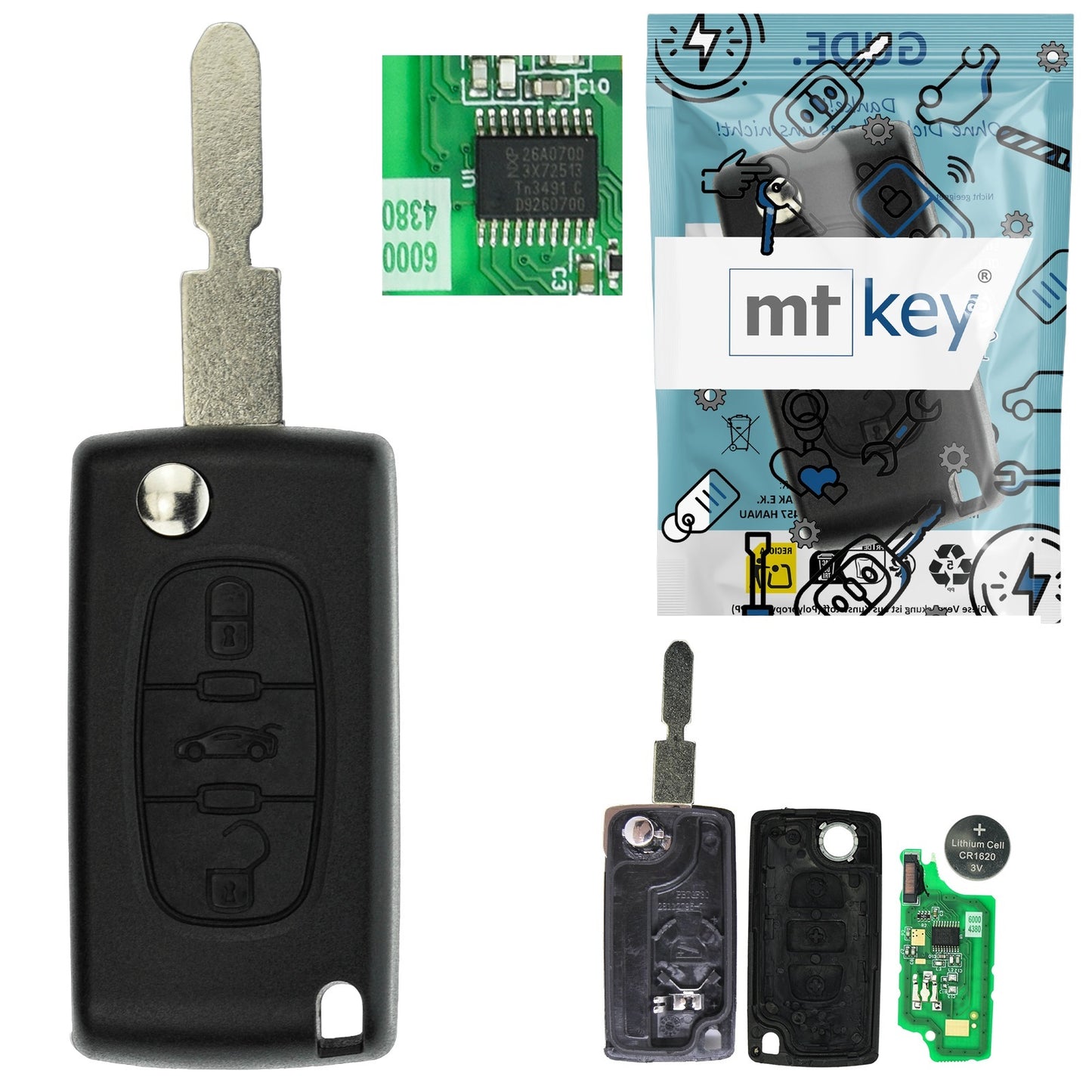 Funk Schlüssel Klappschlüssel 434MHZ ASK +Transponder ID46 PCF7941 +Rohling NE78 3 Tasten kompatibel mit Peugeot 607 05-11 207 CC 07-09
