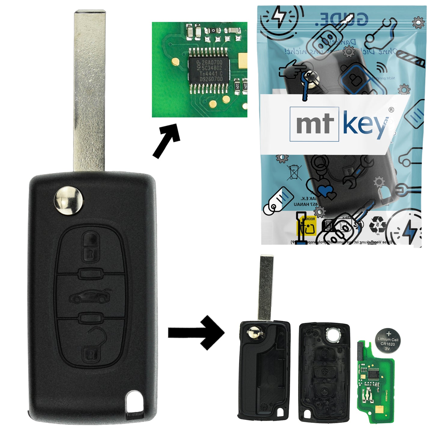 Funk Schlüssel Klappschlüssel 434MHZ FSK ID46 PCF7941 +Rohling HU83 3 Tasten Autoschlüssel kompatibel mit Citroen C4 (Grand) Picasso I C5 III Break Peugeot 207 CC SW 308 CC SW I Expert II Partner II