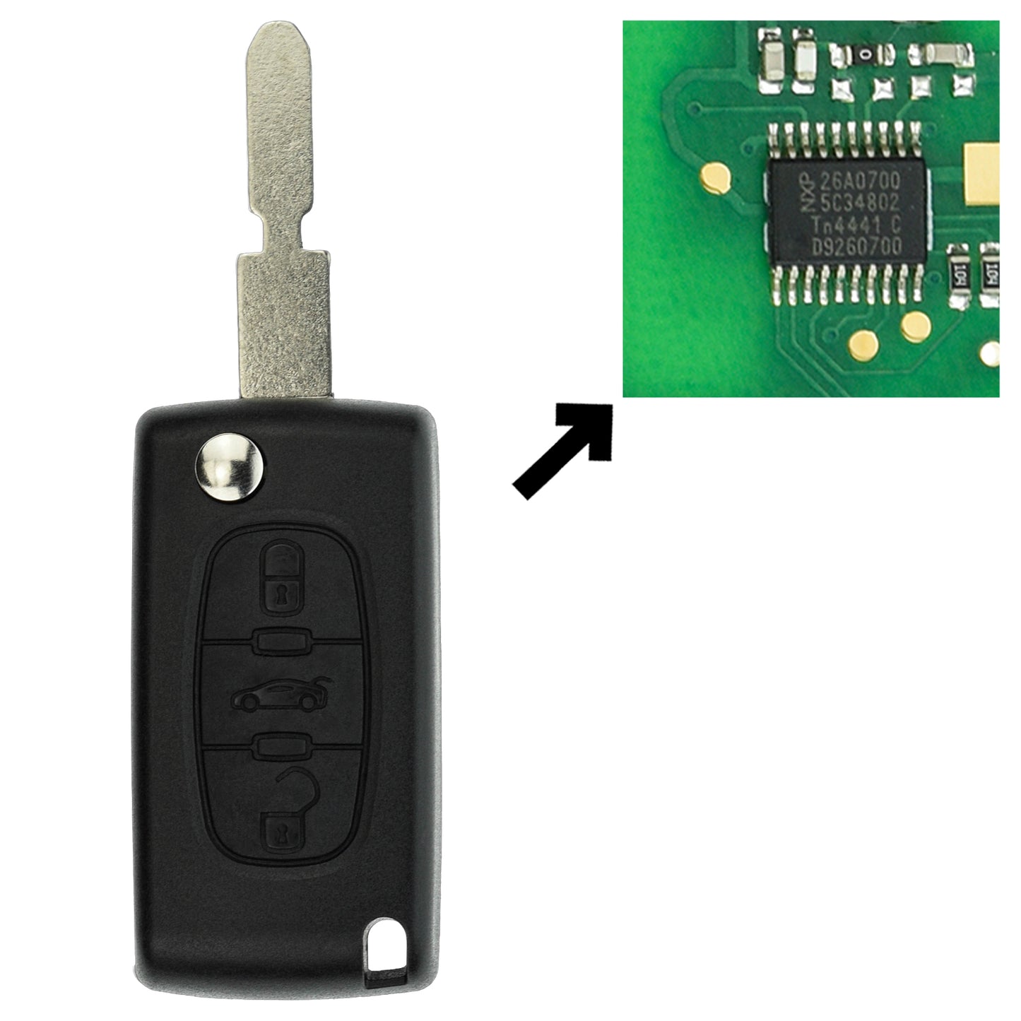 Funk Schlüssel Klappschlüssel 434MHZ FSK +Transponder ID46 PCF7941 +Rohling NE78 3 Tasten kompatibel mit Peugeot 207 CC 09-13 Partner II 08-18