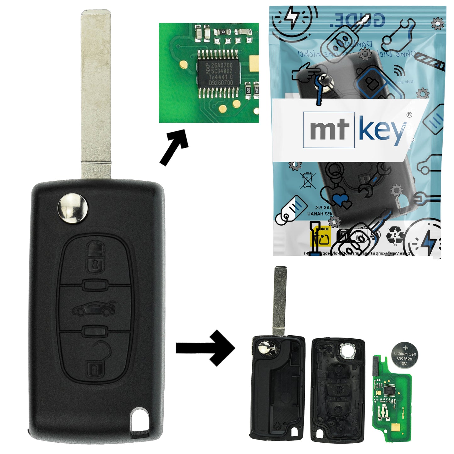 Funk Schlüssel Klappschlüssel 434MHZ FSK ID46 PCF7941 +Rohling VA2 VA6 3 Tasten kompatibel mit Citroen C4 (Grand) Picasso I C5 III Break Peugeot 207 CC SW 308 CC SW I Expert II Partner II RCZ