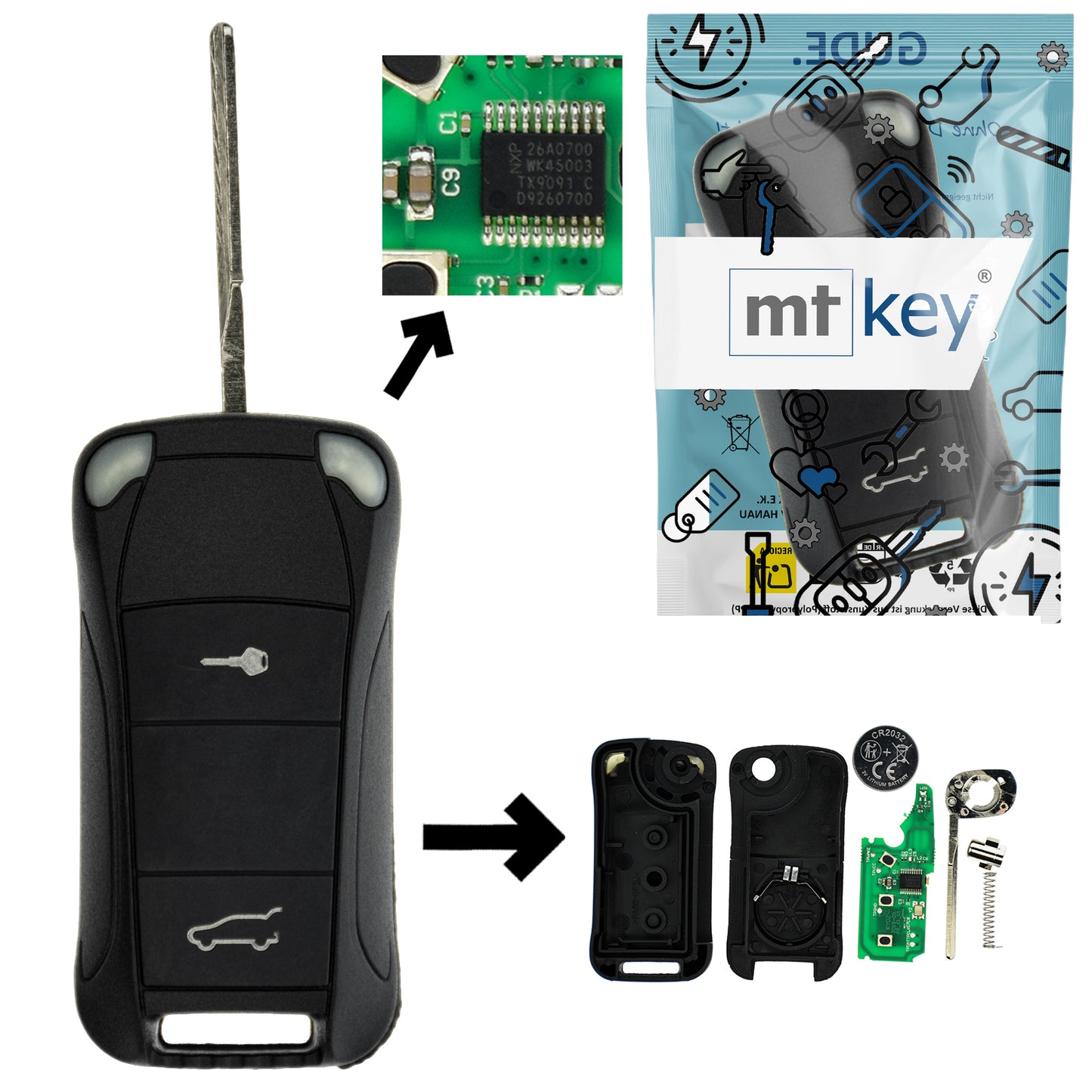 Funk Schlüssel Klappschlüssel 434MHZ ASK +Transponder ID46 PCF7947 +Rohling HU66 2 Tasten kompatibel mit Porsche Cayenne 9PA 02-10 Autoschlüssel