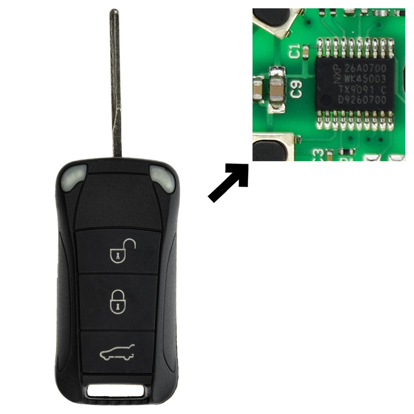 Funk Schlüssel Klappschlüssel 434MHZ ASK +Transponder ID46 PCF7947 +Rohling HU66 3 Tasten kompatibel mit Porsche Cayenne 9PA 02-10 Autoschlüssel