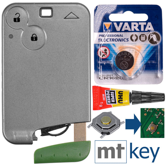 Repair Reparatur Satz Autoschlüssel Karte Smartkey Fernbedienung Austausch Gehäuse mit 2 Tasten + Notschlüssel Rohling + Drucktaste + Batterie kompatibel mit Renault Laguna 2 Espace 4