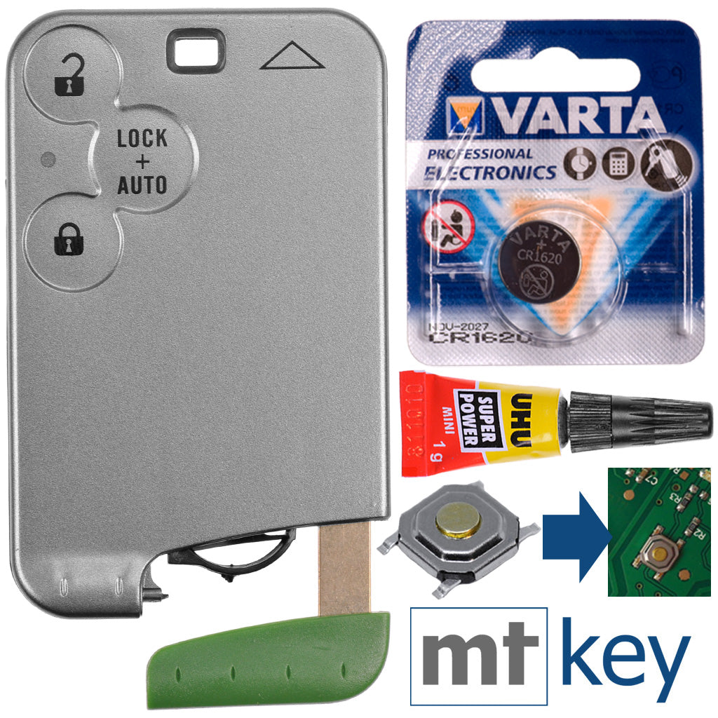 Reparatur Satz Autoschlüssel Karte Smartkey Austausch Gehäuse mit 3 Tasten + Notschlüssel Rohling + Drucktaste + Batterie kompatibel mit Renault Laguna 2 Espace 4 Vel Satis