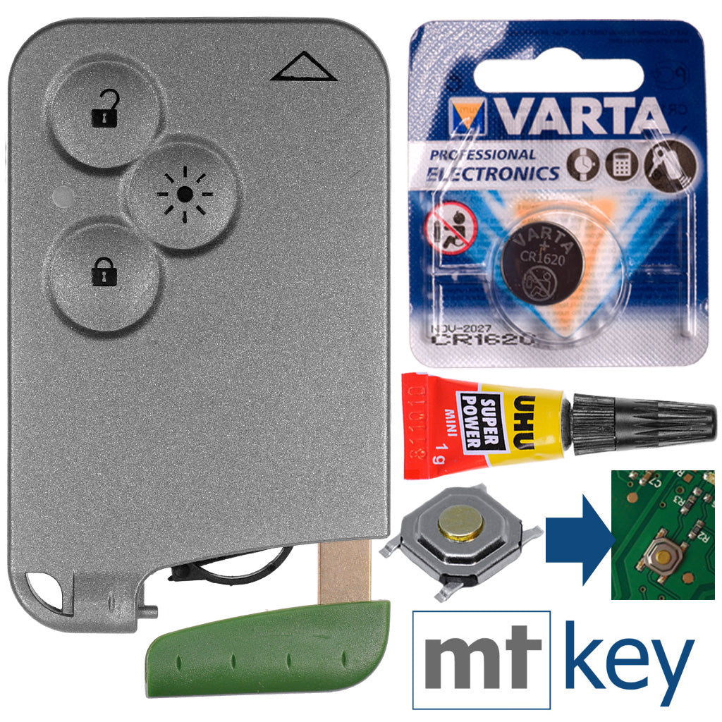 Reparatur Satz Autoschlüssel Karte Smartkey Austausch Gehäuse mit 3 Tasten + Notschlüssel Rohling + 1x Drucktaste + Batterie kompatibel mit Renault Laguna 2 Espace 4 Vel Satis