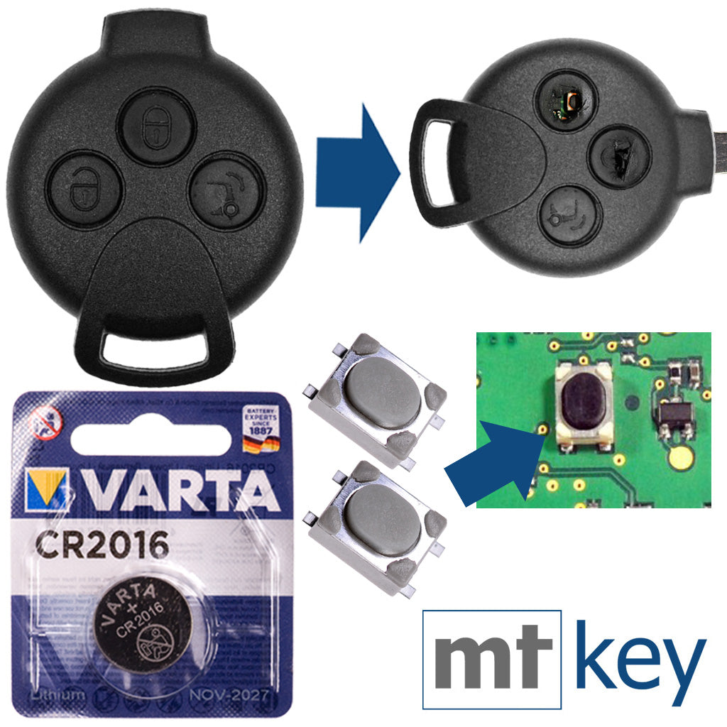 Autoschlüssel Funk Fernbedienung Austausch 3 Tasten Gehäuse + Mikrotaster + Batterie kompatibel mit Smart