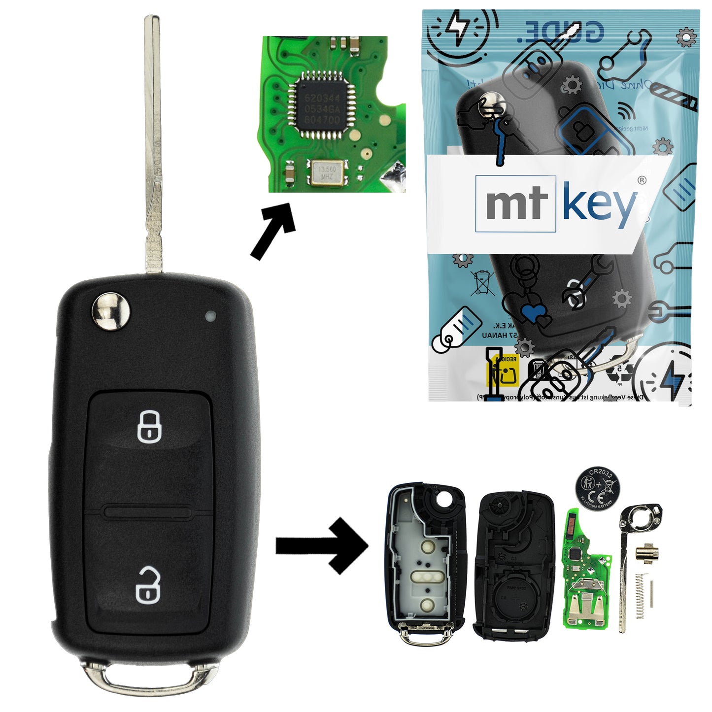 Funk Schlüssel Klappschlüssel 434MHZ ASK +Transponder Megamos AES +Rohling HU66 2 Tasten kompatibel mit VW Caddy IV SA 17-19 Transporter Bus T6 16-18 Amarok I 2H 16-18 Autoschlüssel