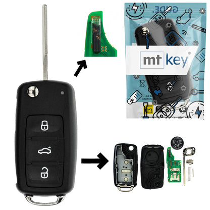 Funk Schlüssel Klappschlüssel 434MHZ ASK +Transponder ID48 +Rohling HU66 3 Tasten kompatibel mit Seat Altea 5P Ibiza 6J Leon 1P Mii KF1 Autoschlüssel