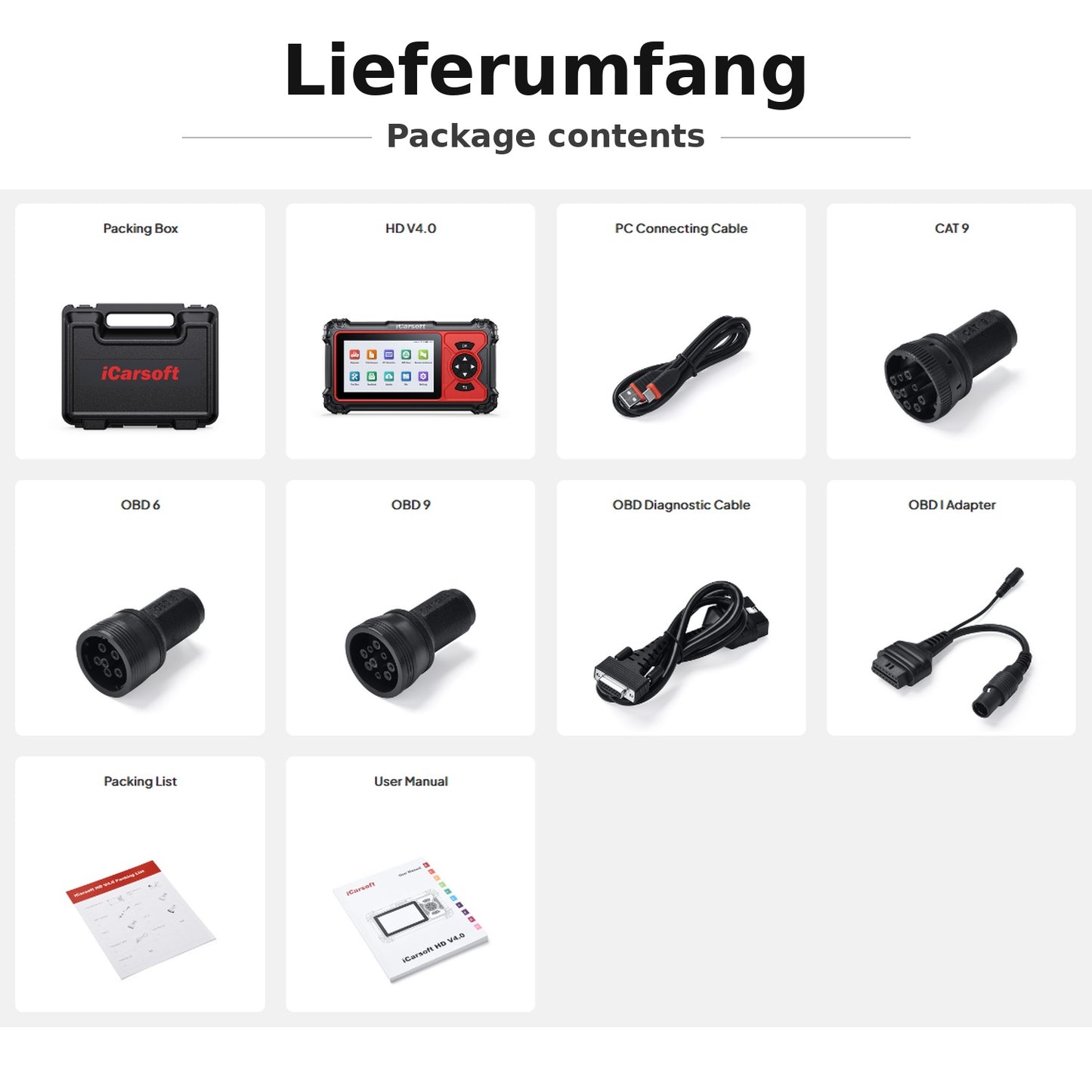 iCarsoft HD V4.0 Professionelles OBD Fehler Diagnosegerät kompatibel mit LKW Transporter Nutzfahrzeuge Bus DAF MAN Scania Iveco Mercedes Benz Volva uvm
