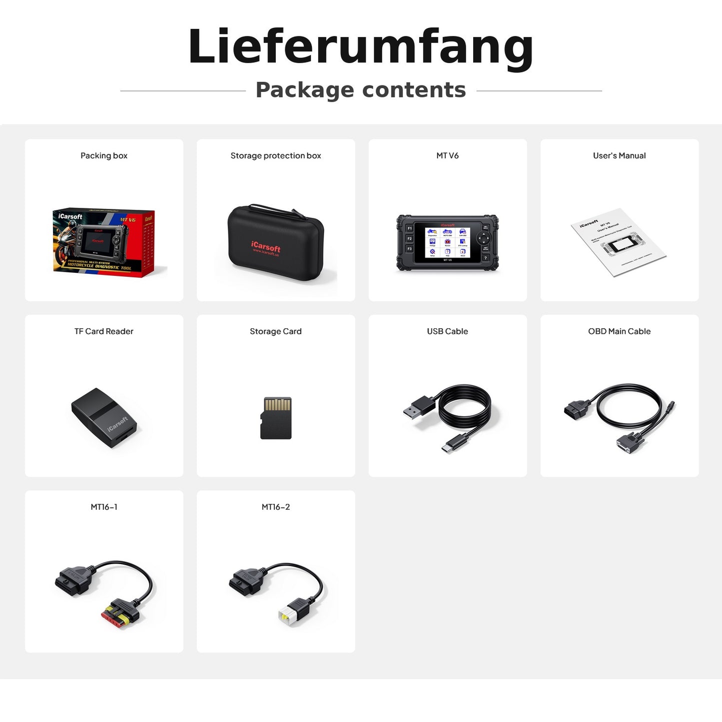 iCarsoft OBD2 Diagnosegerät Scanner MT V6 kompatibel mit BENELLI Motorräder inkl. Adapter & kostenlose Updates
