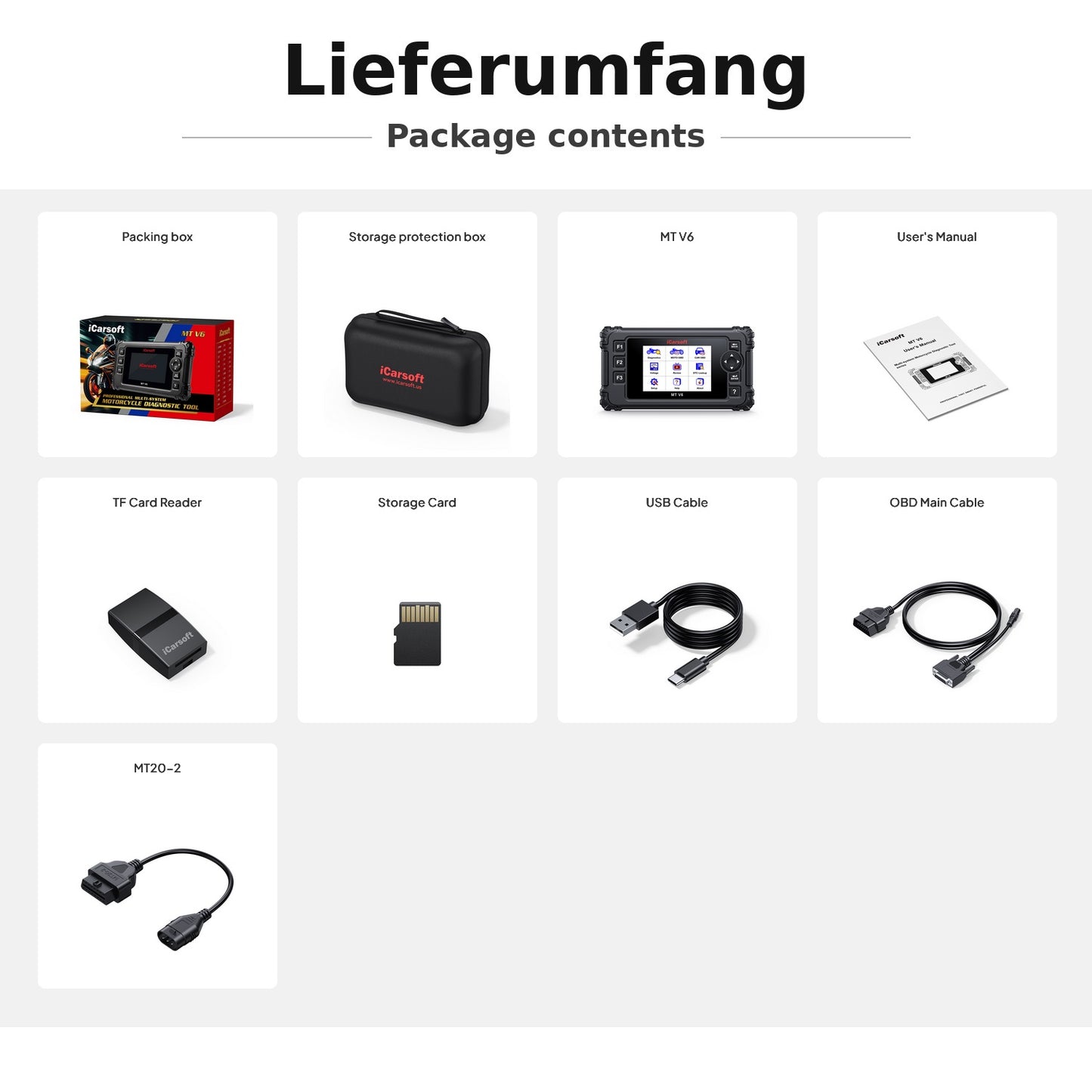 iCarsoft OBD2 Diagnosegerät Scanner MT V6 kompatibel mit PEUGEOT Motor Roller inkl. Adapter & kostenlose Updates