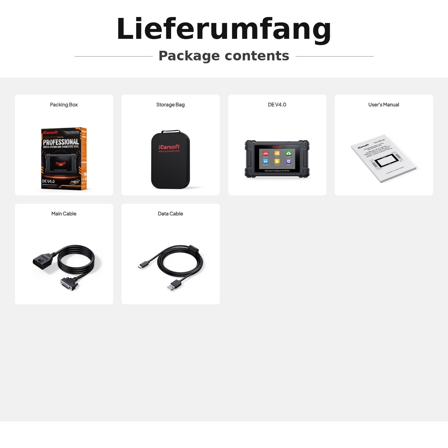 iCarsoft DE V4.0 OBD2 Diagnosegerät kompatibel mit BMW Mercedes VW Audi Porsche Opel – Profi-Scanner mit CAN-FD, DoIP, Service-Reset inkl. Updates