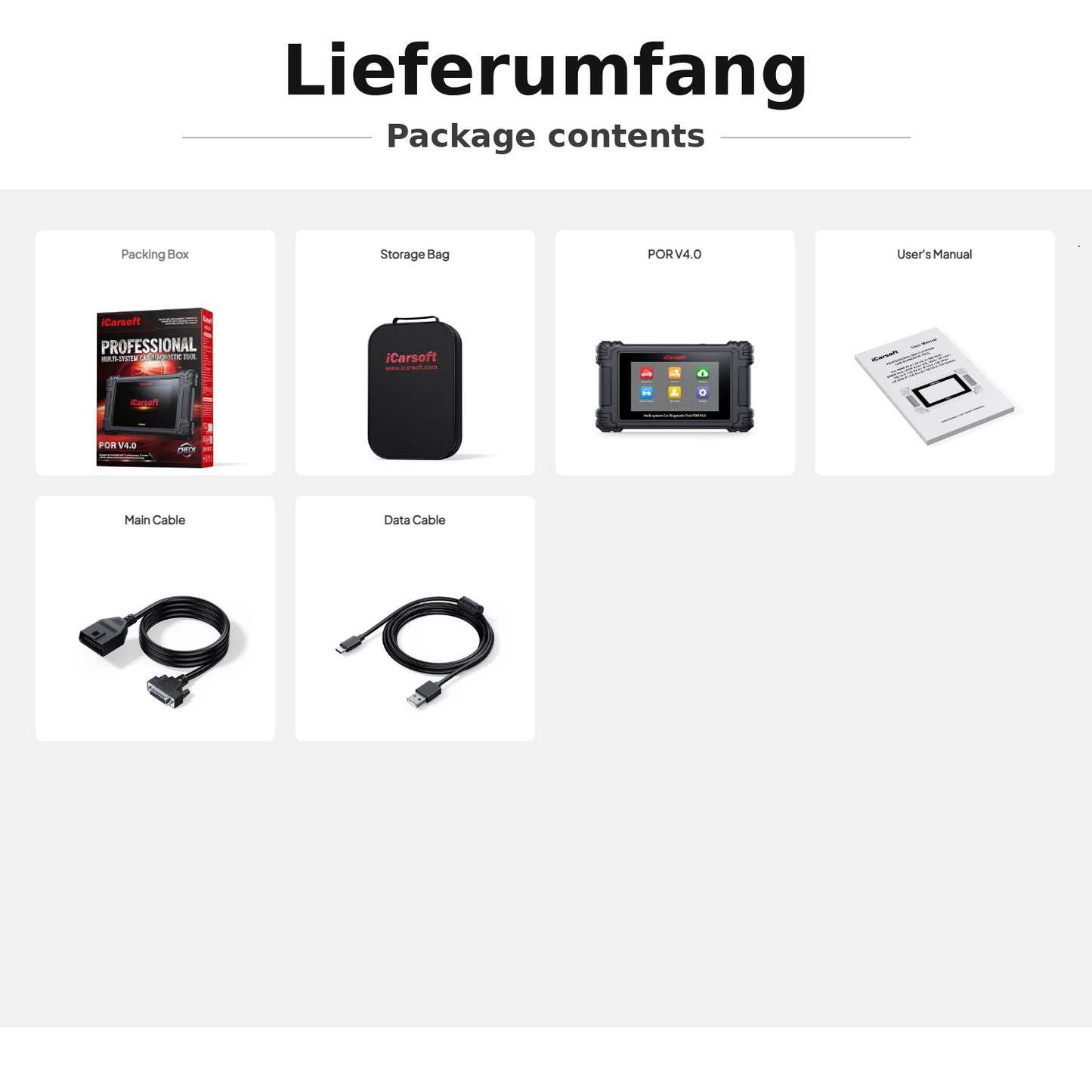 iCarsoft POR V4.0 OBD2 Diagnosegerät kompatibel mit Porsche inkl. 2 weitere Marken GRATIS, CAN-FD, DoIP, Service-Reset inkl. kostenlose Updates
