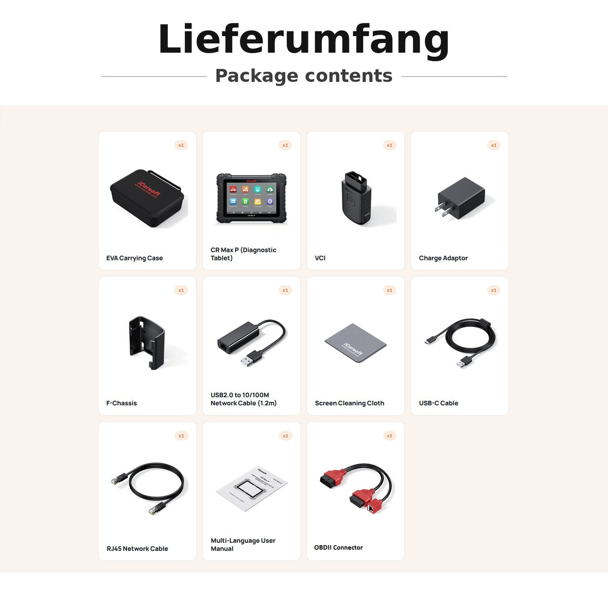 iCarsoft CR Max P OBD2 Diagnosegerät für 58+ Marken, 10" Touchscreen, ECU Coding, CAN-FD & DoIP, 50 Servicefunktionen inkl. Updates