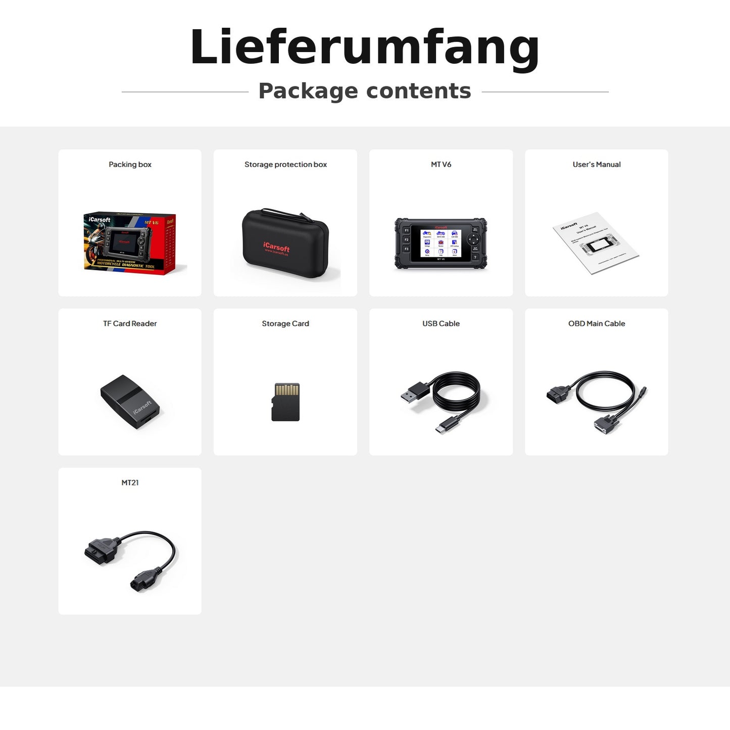 OBD2 Diagnosegerät Scanner iCarsoft MT V6 kompatibel mit KYMCO Motor Roller inkl. Adapter & kostenlose Updates
