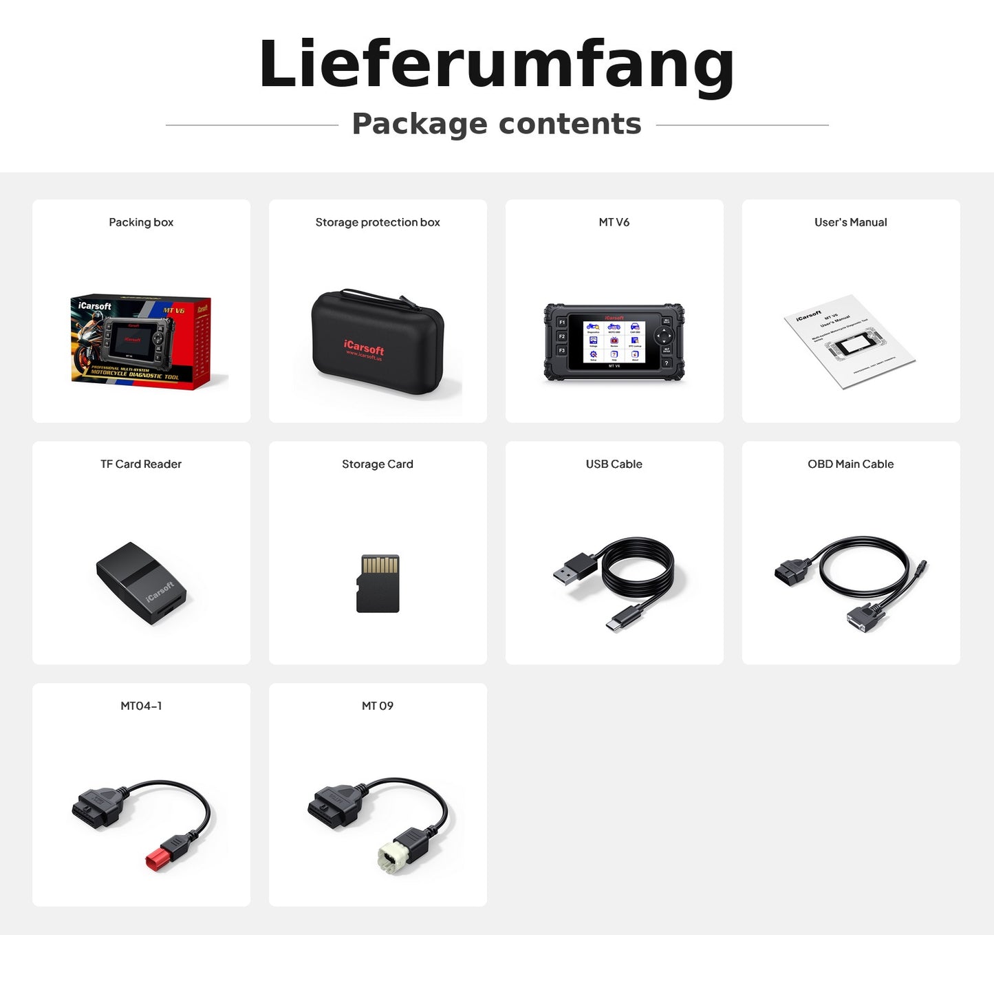 OBD2 Diagnosegerät Scanner iCarsoft MT V6 kompatibel mit KTM Motorräder inkl. Adapter & kostenlose Updates