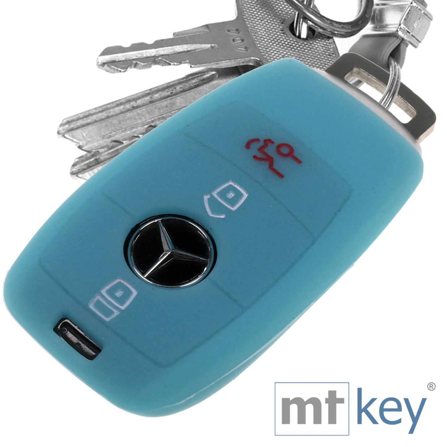 Auto Schlüssel Hülle Silikon Schutz Cover Fluoreszierend Blau kompatibel mit Mercedes Benz E-Klasse W213 S213 C238 A238 3 Tasten KEYLESS SMARTKEY