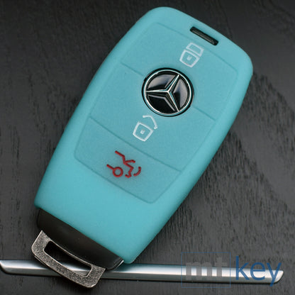 Auto Schlüssel Hülle Silikon Schutz Cover Fluoreszierend Blau kompatibel mit Mercedes Benz E-Klasse W213 S213 C238 A238 3 Tasten KEYLESS SMARTKEY