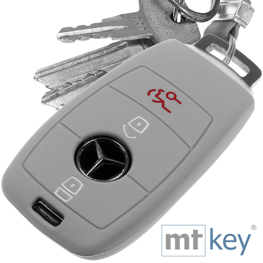 Auto Schlüssel Hülle Silikon Schutz Cover Grau kompatibel mit Mercedes Benz E-Klasse W213 S213 C238 W238 3 Tasten KEYLESS SMARTKEY